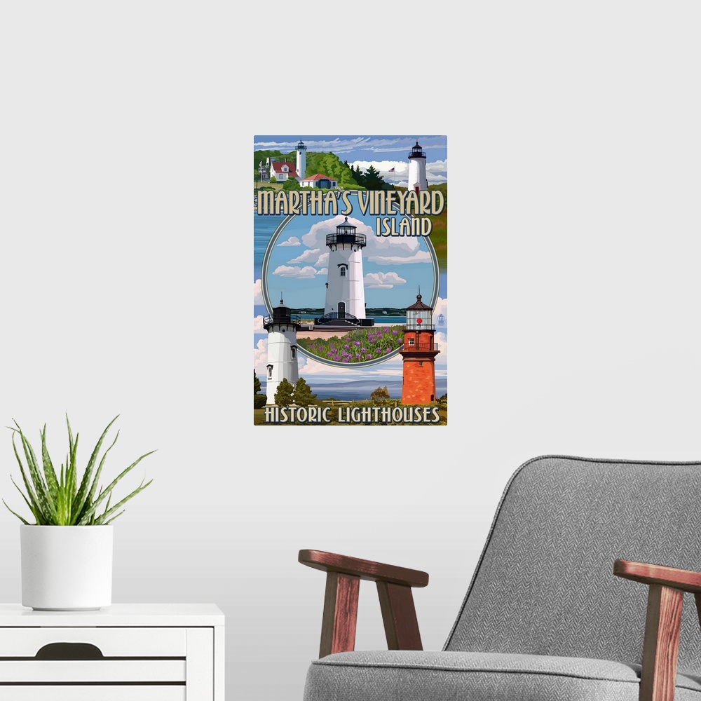 A modern room featuring Retro stylized art poster of a collection of lighthouse images with a coastal lighthouse scene in...