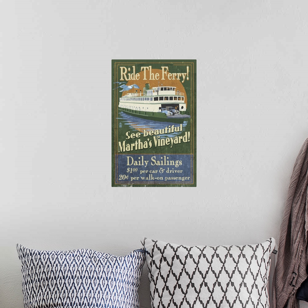 A bohemian room featuring Martha's Vineyard, Massachusetts - Ferry Ride Vintage Sign: Retro Travel Poster