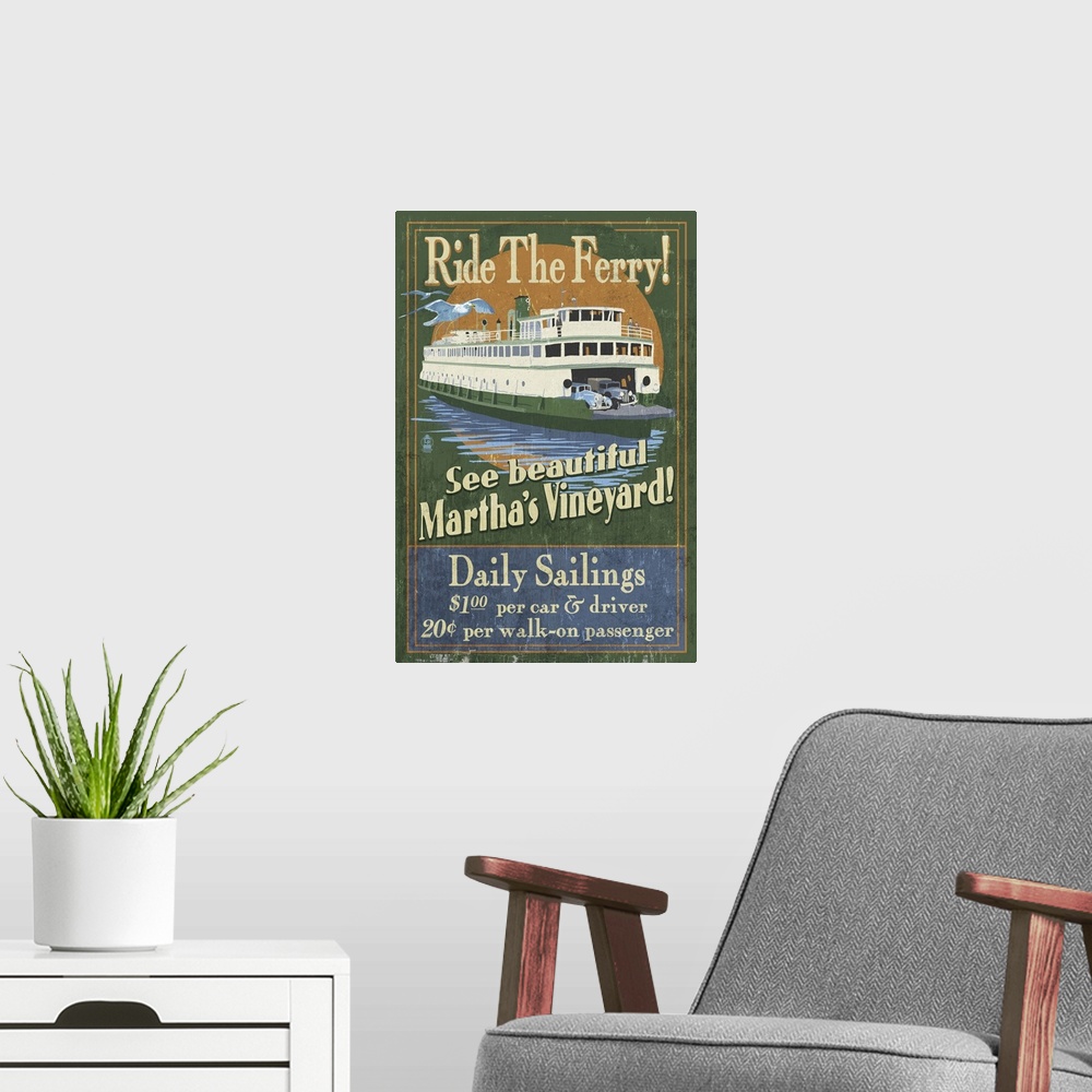 A modern room featuring Martha's Vineyard, Massachusetts - Ferry Ride Vintage Sign: Retro Travel Poster