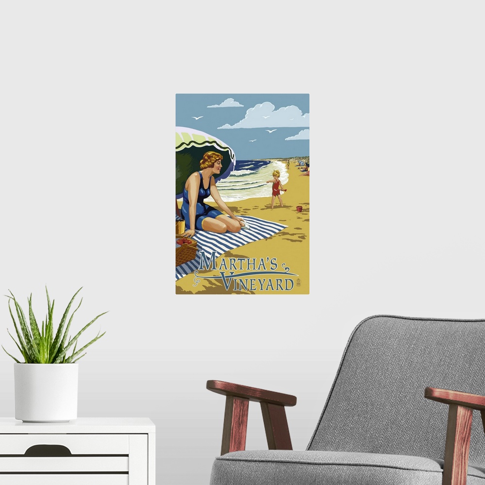 A modern room featuring Retro stylized art poster of a woman sitting on a blanket under an umbrella on a beach.