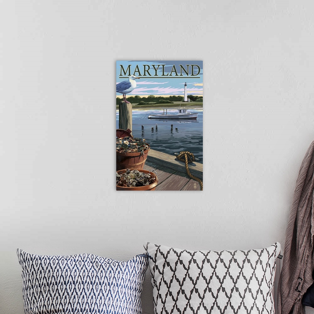A bohemian room featuring Maryland - Blue Crab and Oysters on Dock: Retro Travel Poster