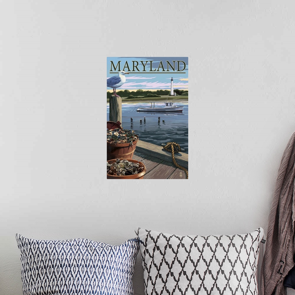 A bohemian room featuring Maryland - Blue Crab and Oysters on Dock: Retro Travel Poster