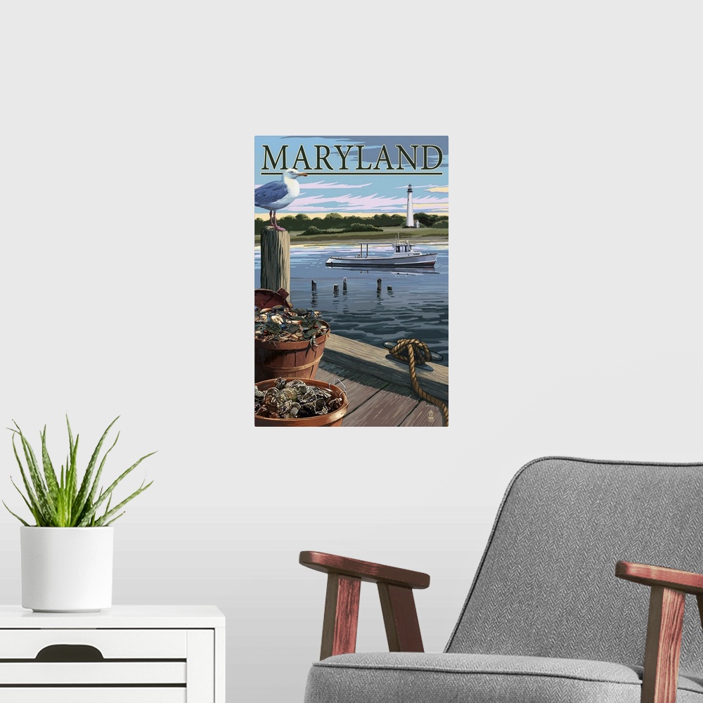 A modern room featuring Maryland - Blue Crab and Oysters on Dock: Retro Travel Poster