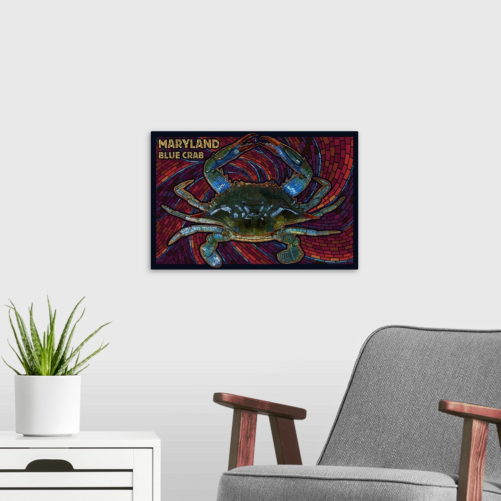 A modern room featuring Maryland - Blue Crab Paper Mosaic: Retro Travel Poster