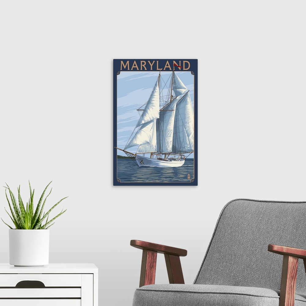 A modern room featuring Maryland - Sailboat Scene: Retro Travel Poster