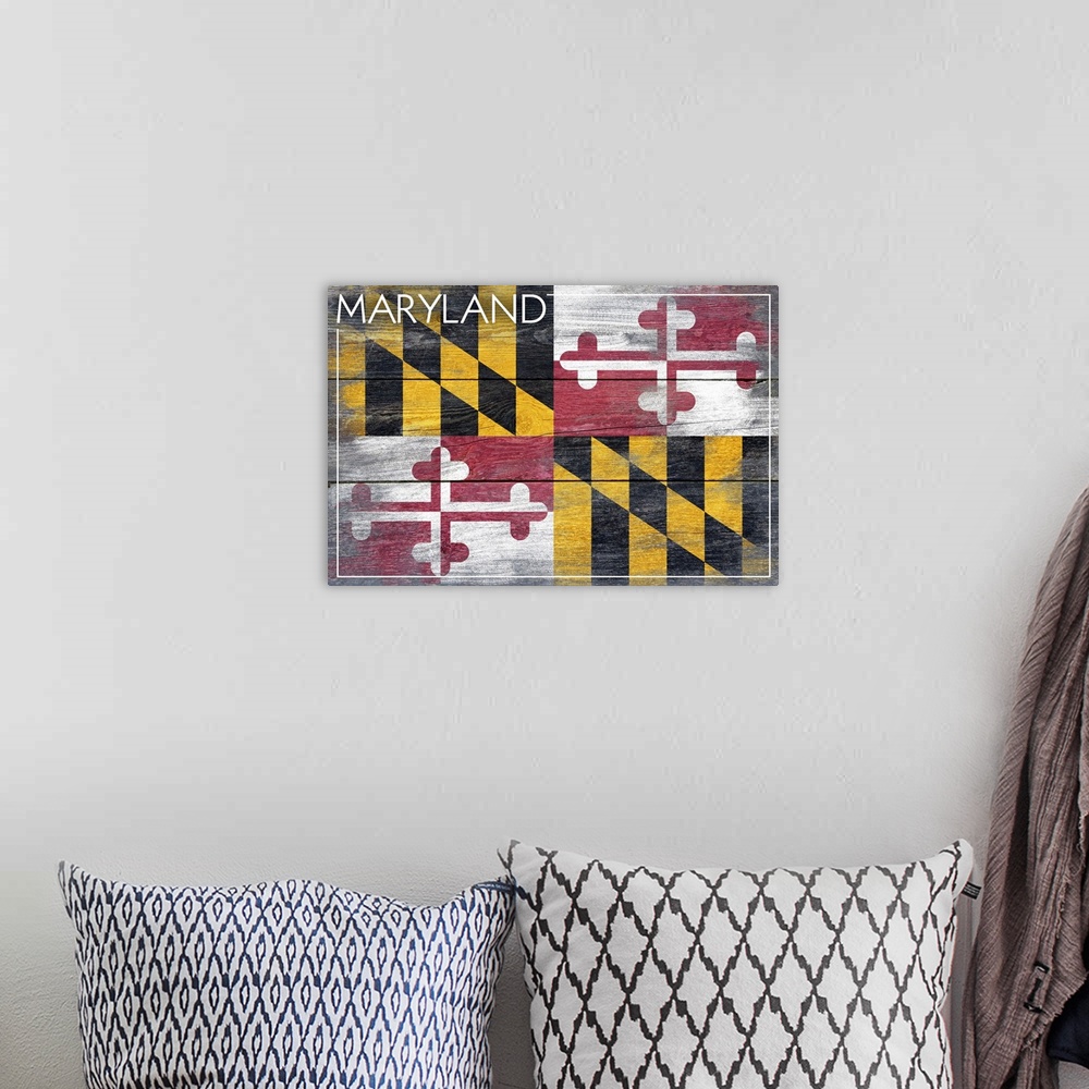 A bohemian room featuring Maryland State Flag, Barnwood Painting