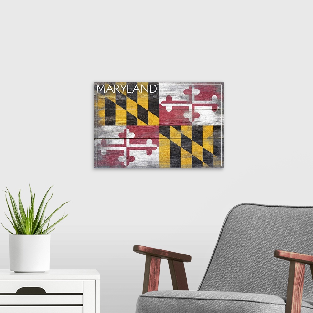 A modern room featuring The flag of Maryland with a weathered wooden board effect.