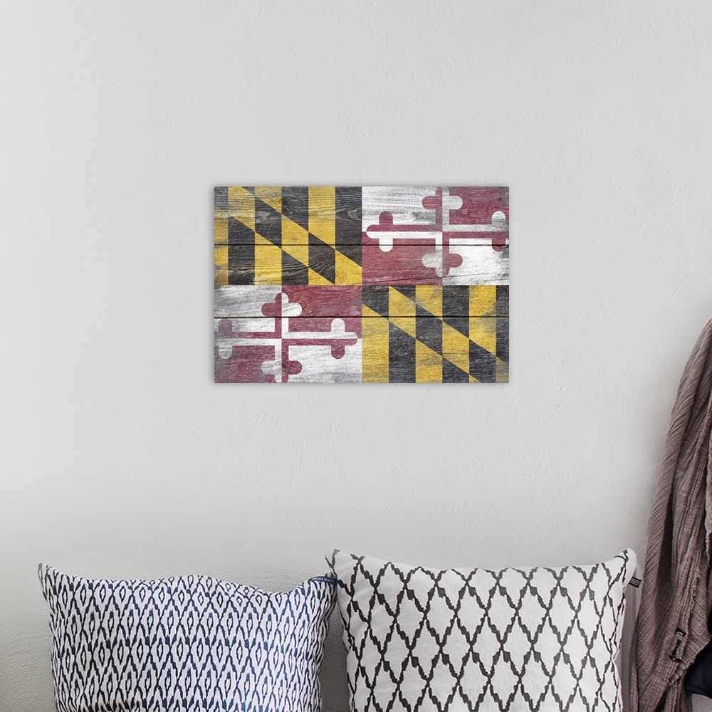 A bohemian room featuring The flag of Maryland with a weathered wooden board effect.