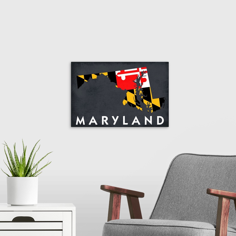 A modern room featuring Maryland, State Outline Flag
