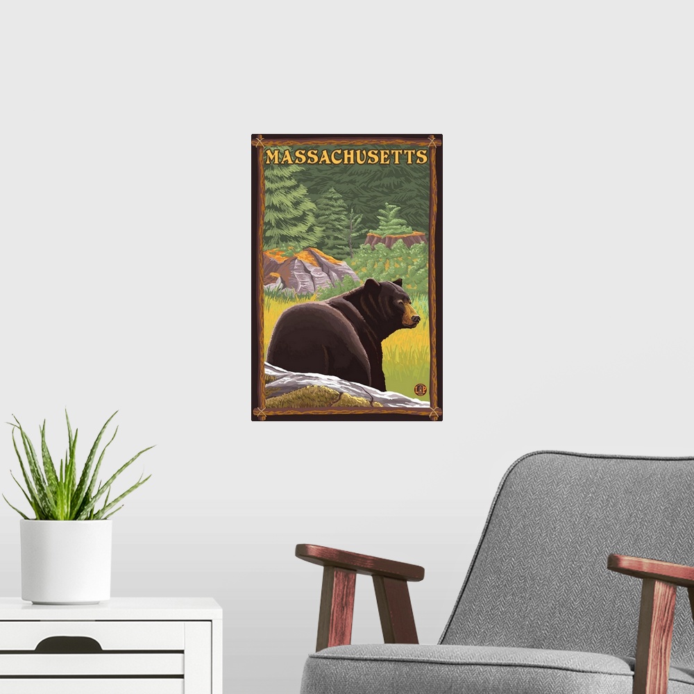 A modern room featuring Massachusetts - Black Bear in Forest: Retro Travel Poster