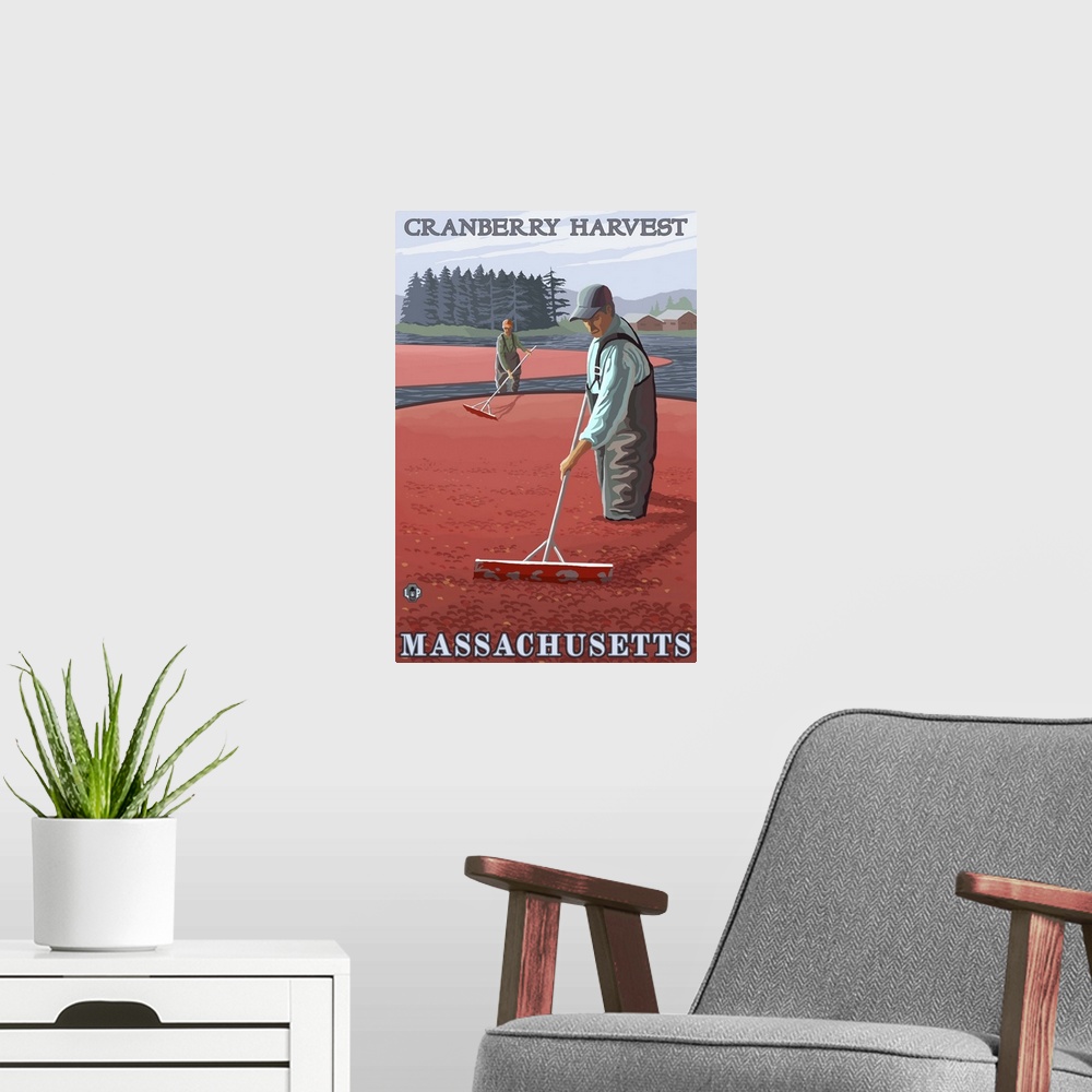 A modern room featuring Massachusetts - Cranberry Bog Harvest: Retro Travel Poster