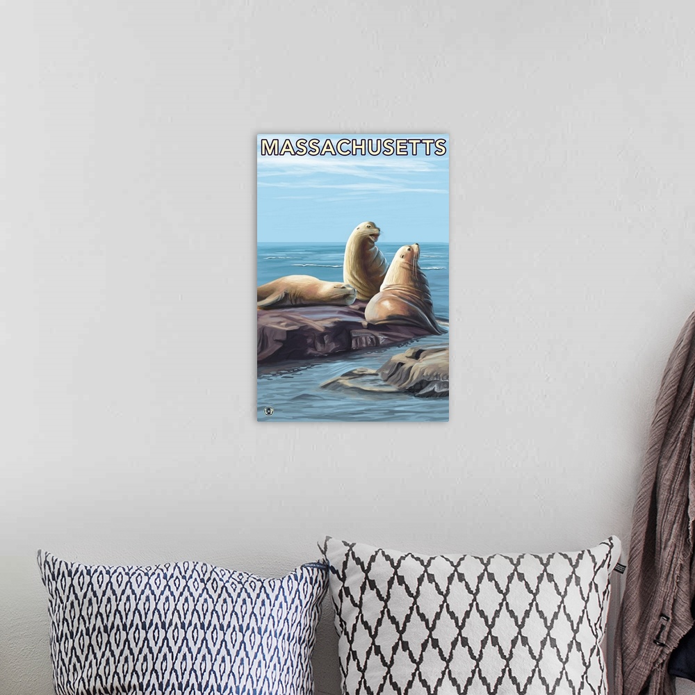 A bohemian room featuring Massachusetts - Sea Lions Scene: Retro Travel Poster