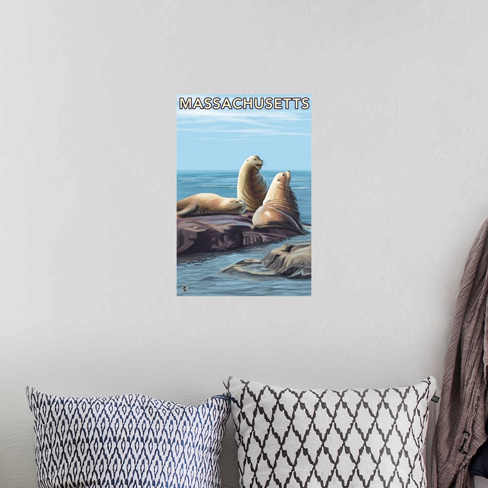 A bohemian room featuring Massachusetts - Sea Lions Scene: Retro Travel Poster