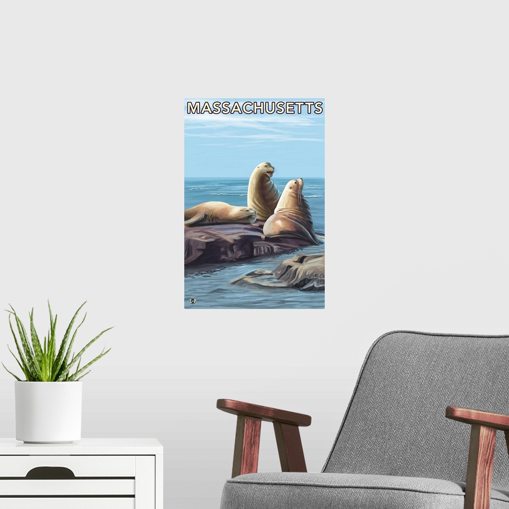 A modern room featuring Massachusetts - Sea Lions Scene: Retro Travel Poster