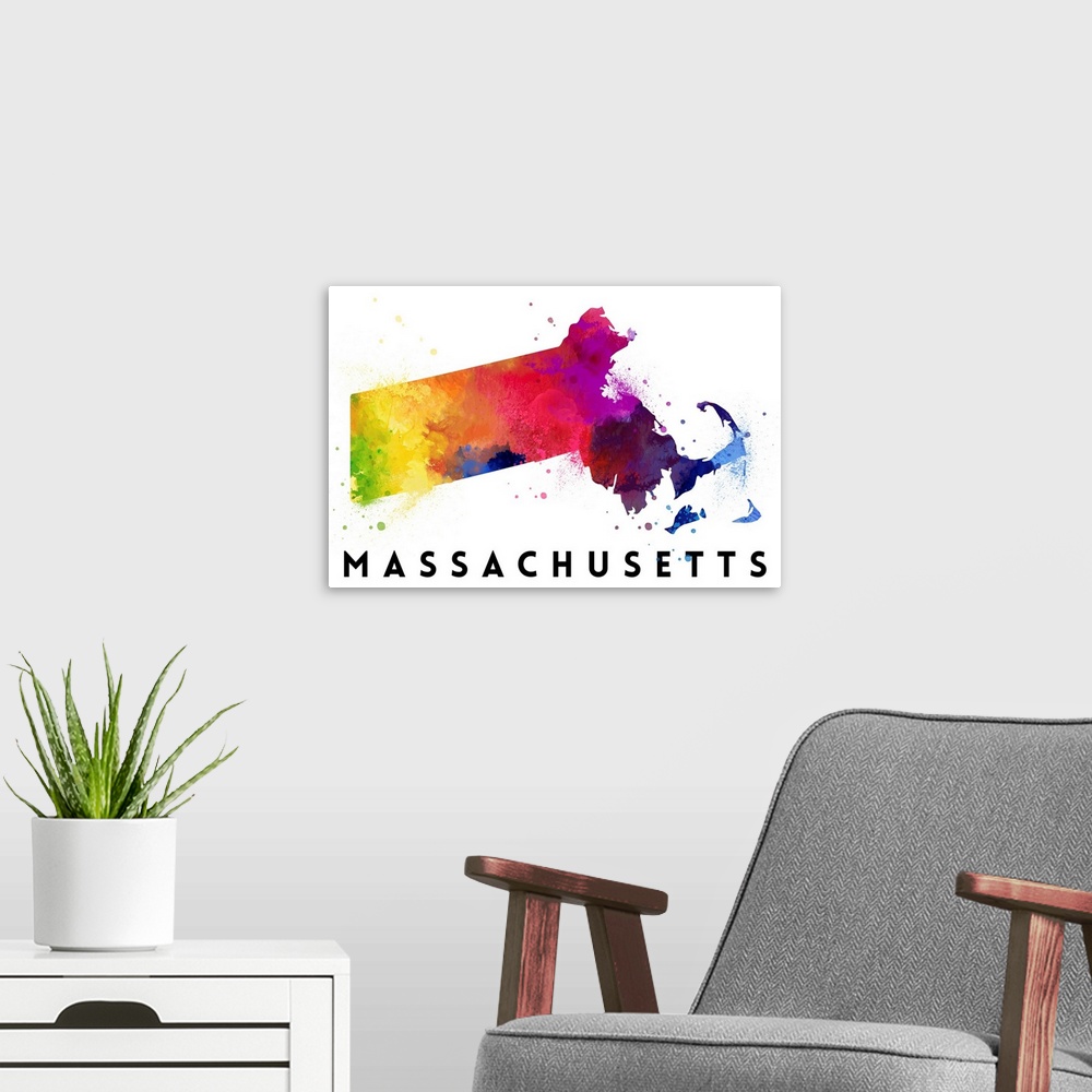 A modern room featuring Massachusetts - State Abstract Watercolor