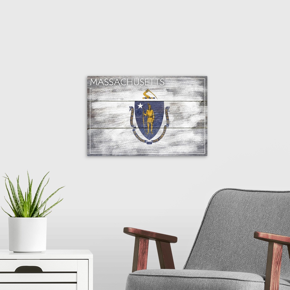 A modern room featuring The flag of Massachusetts with a weathered wooden board effect.