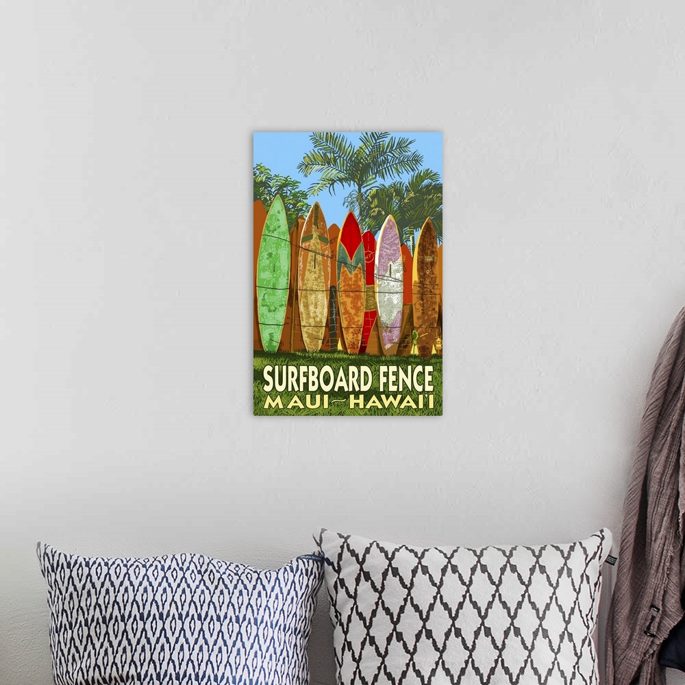 A bohemian room featuring Maui, Hawaii - Surfboard Fence: Retro Travel Poster