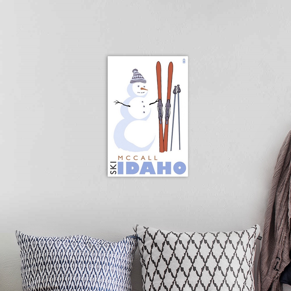 A bohemian room featuring McCall, Idaho - Snowman with Skis: Retro Travel Poster