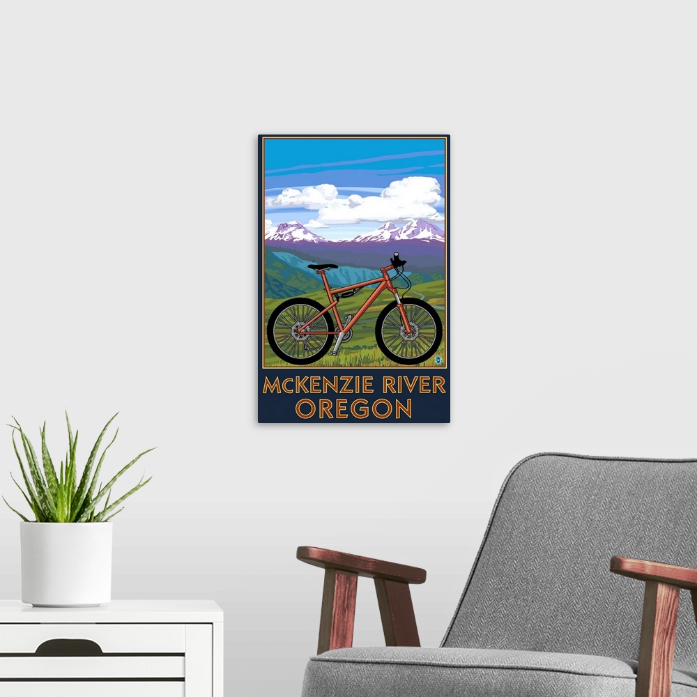 A modern room featuring McKenzie River, Bicycle Scene: Retro Travel Poster