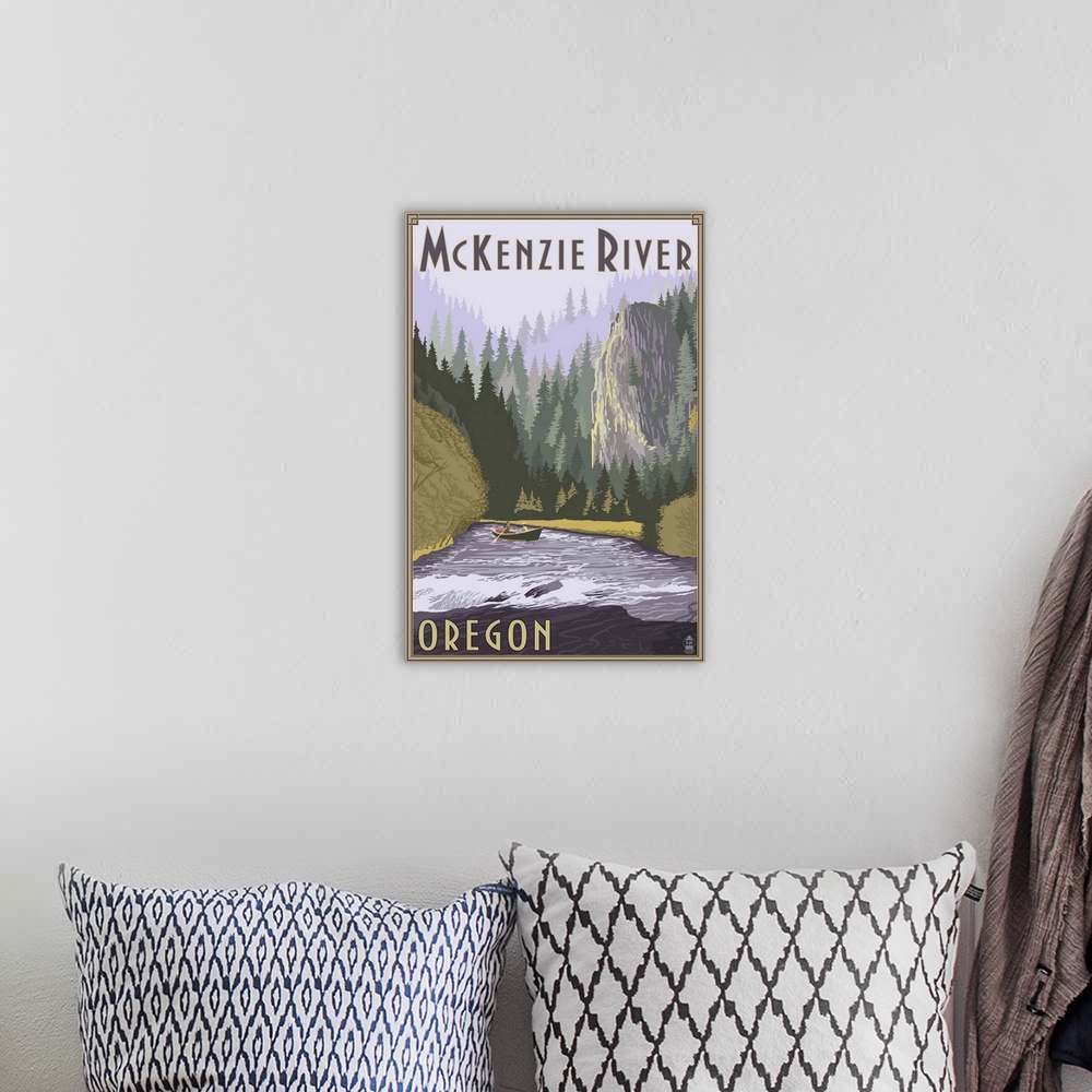 A bohemian room featuring Retro stylized art poster of a river,with a dense misty forest with a cliff in the background.