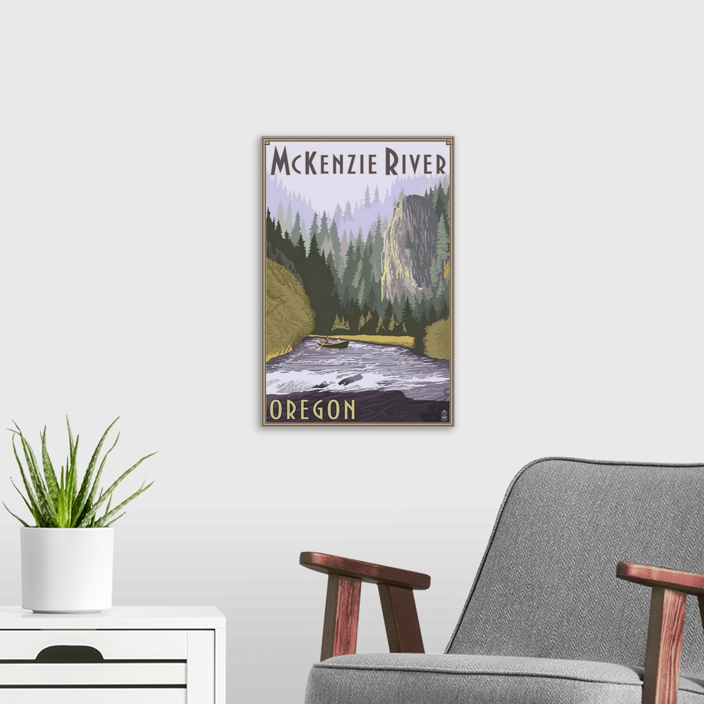 A modern room featuring Retro stylized art poster of a river,with a dense misty forest with a cliff in the background.