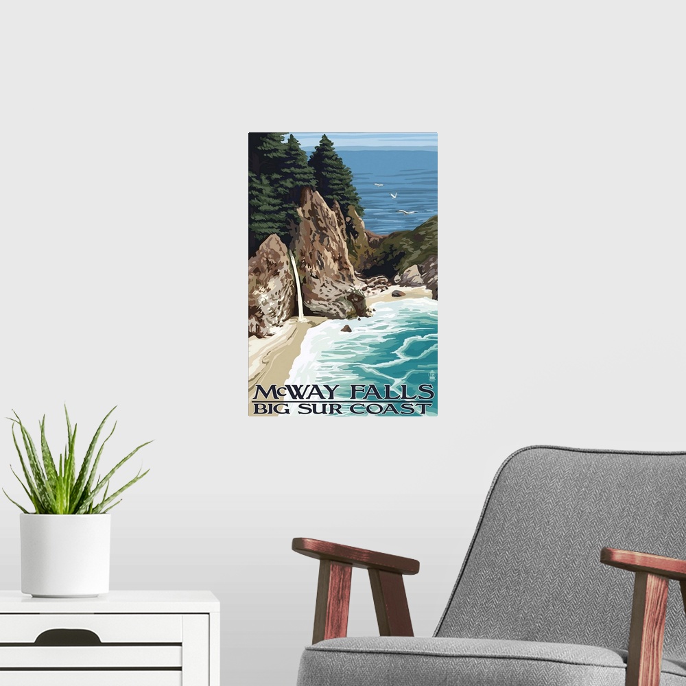 A modern room featuring McWay Falls - Big Sur Coast, California: Retro Travel Poster