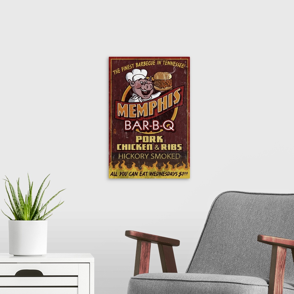 A modern room featuring Memphis, Tennessee - Barbecue Vintage Sign: Retro Travel Poster