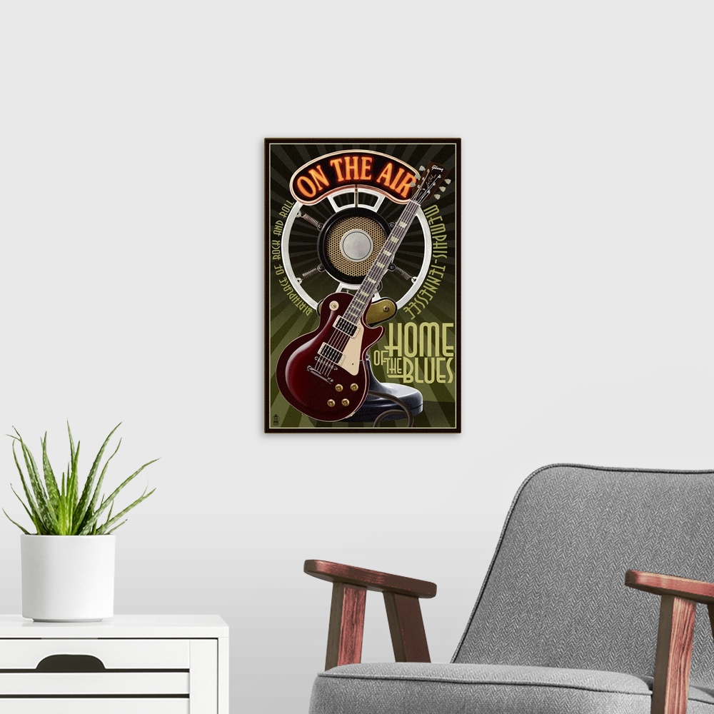 A modern room featuring Retro stylized art poster of an electric guitar with an old microphone in the background.