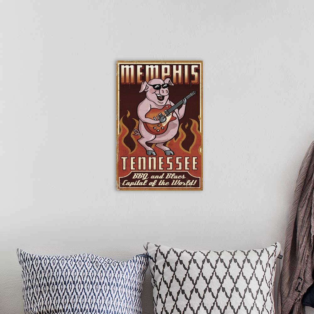 A bohemian room featuring Memphis, Tennessee - Guitar Pig: Retro Travel Poster