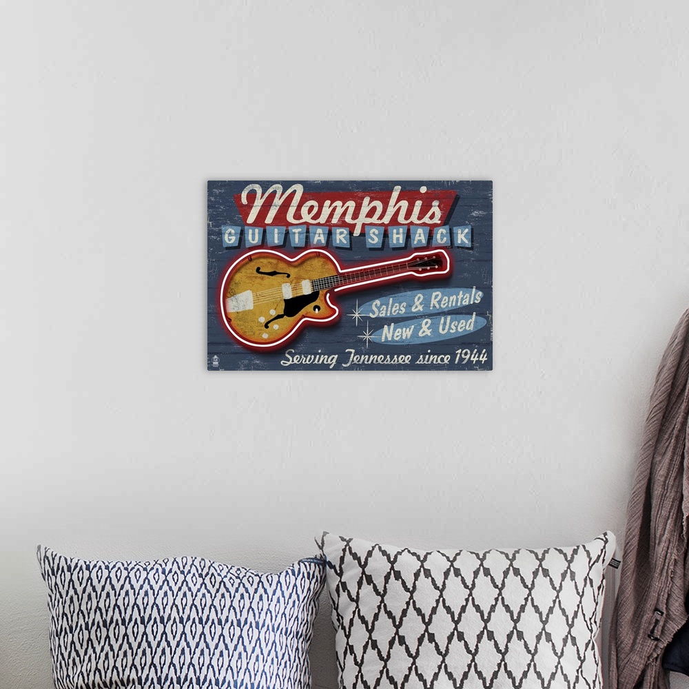 A bohemian room featuring Memphis, Tennessee - Guitar Shack Vintage Sign: Retro Travel Poster