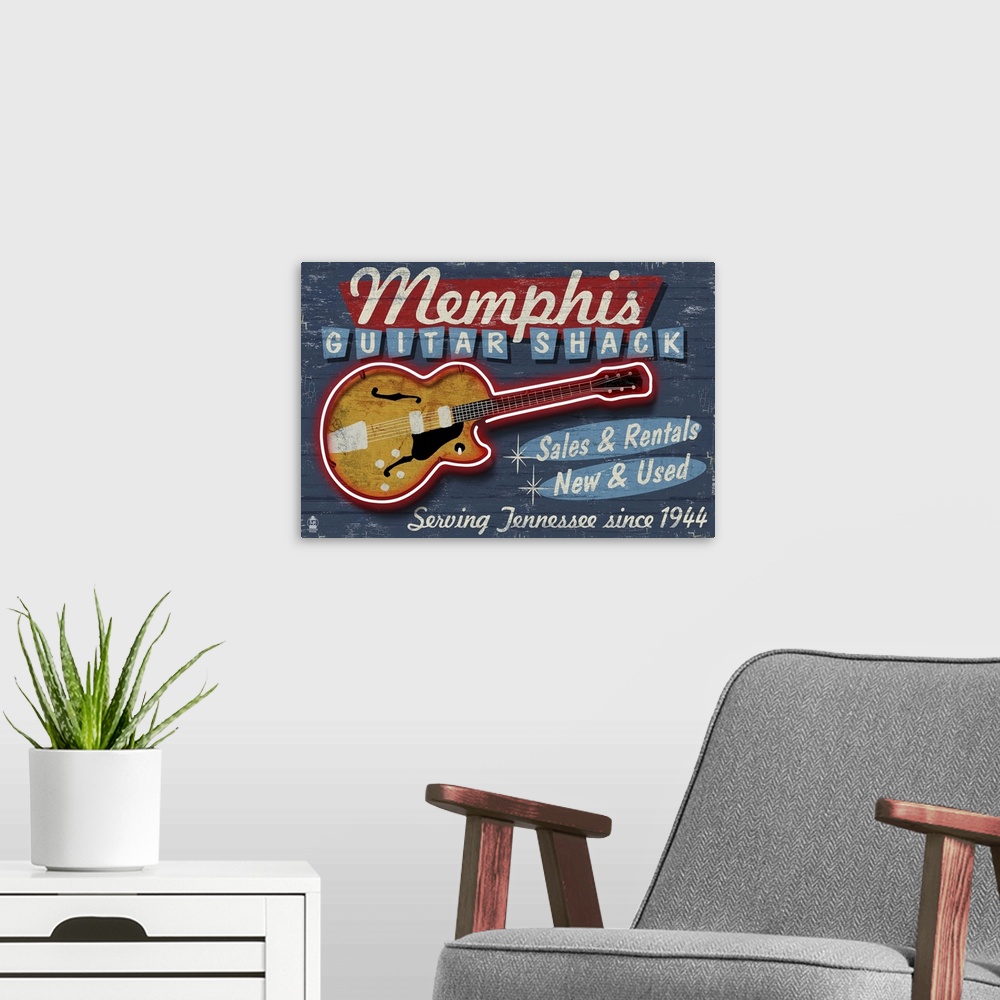 A modern room featuring Memphis, Tennessee - Guitar Shack Vintage Sign: Retro Travel Poster