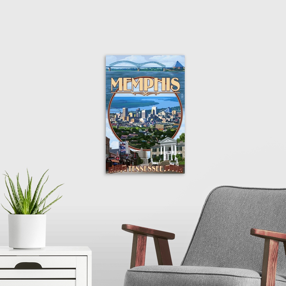 A modern room featuring Memphis, Tennessee - Memphis Montage: Retro Travel Poster