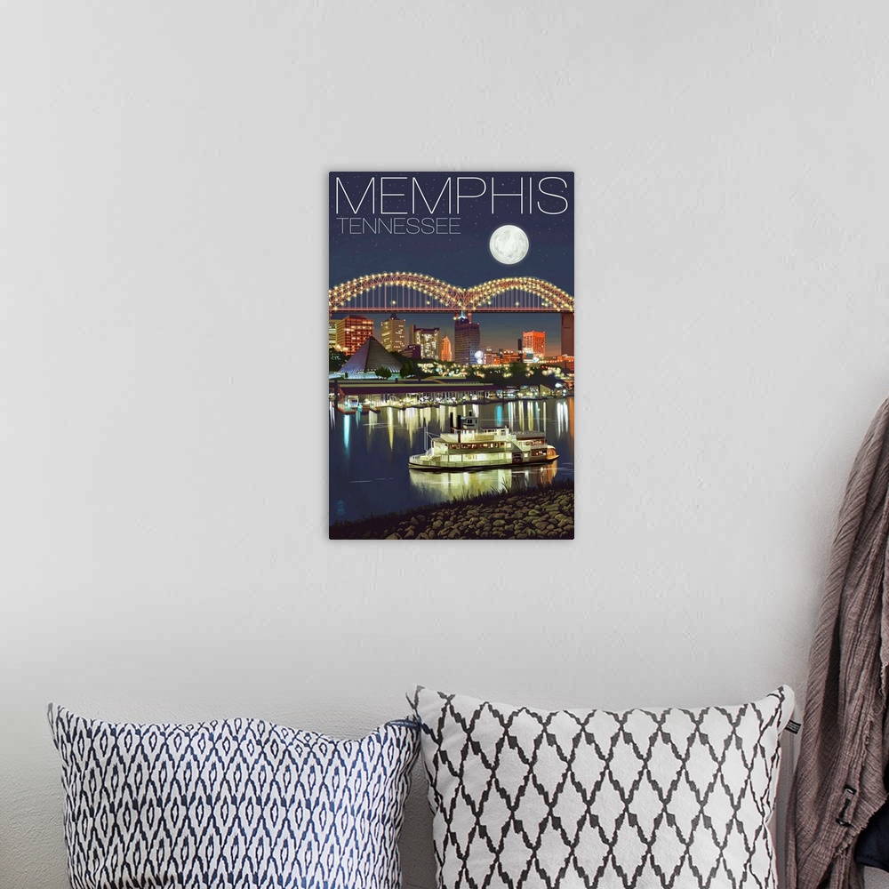 A bohemian room featuring Memphis, Tennessee - Memphis Skyline at Night: Retro Travel Poster