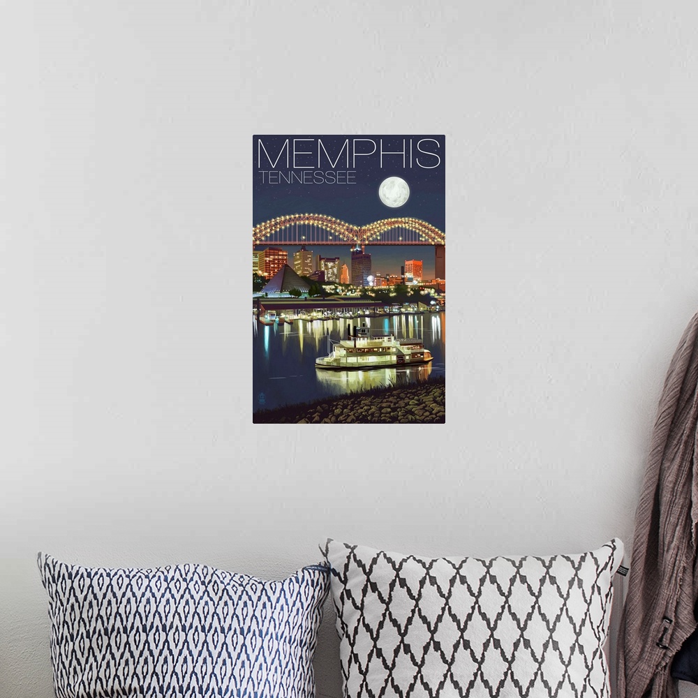 A bohemian room featuring Memphis, Tennessee - Memphis Skyline at Night: Retro Travel Poster