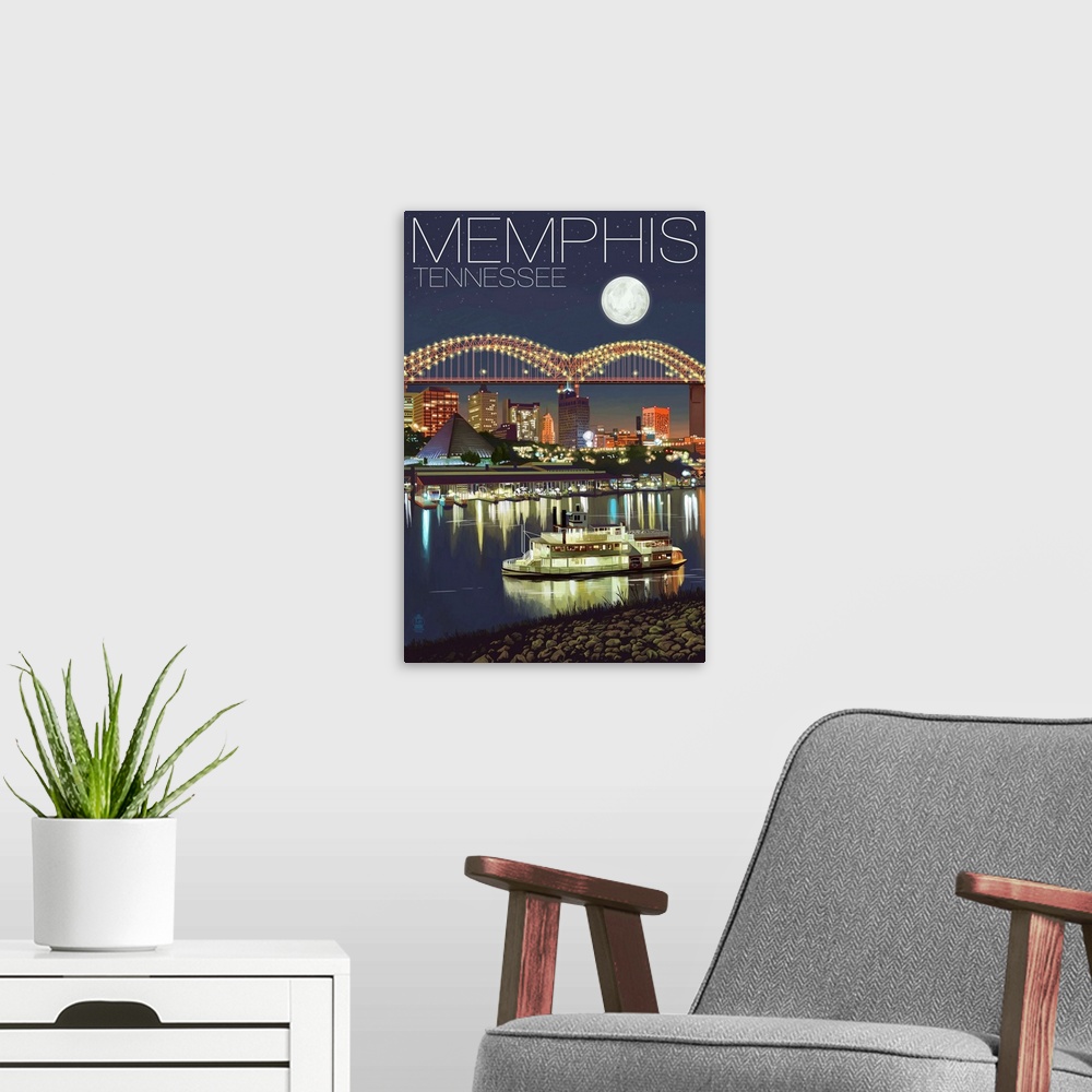 A modern room featuring Memphis, Tennessee - Memphis Skyline at Night: Retro Travel Poster