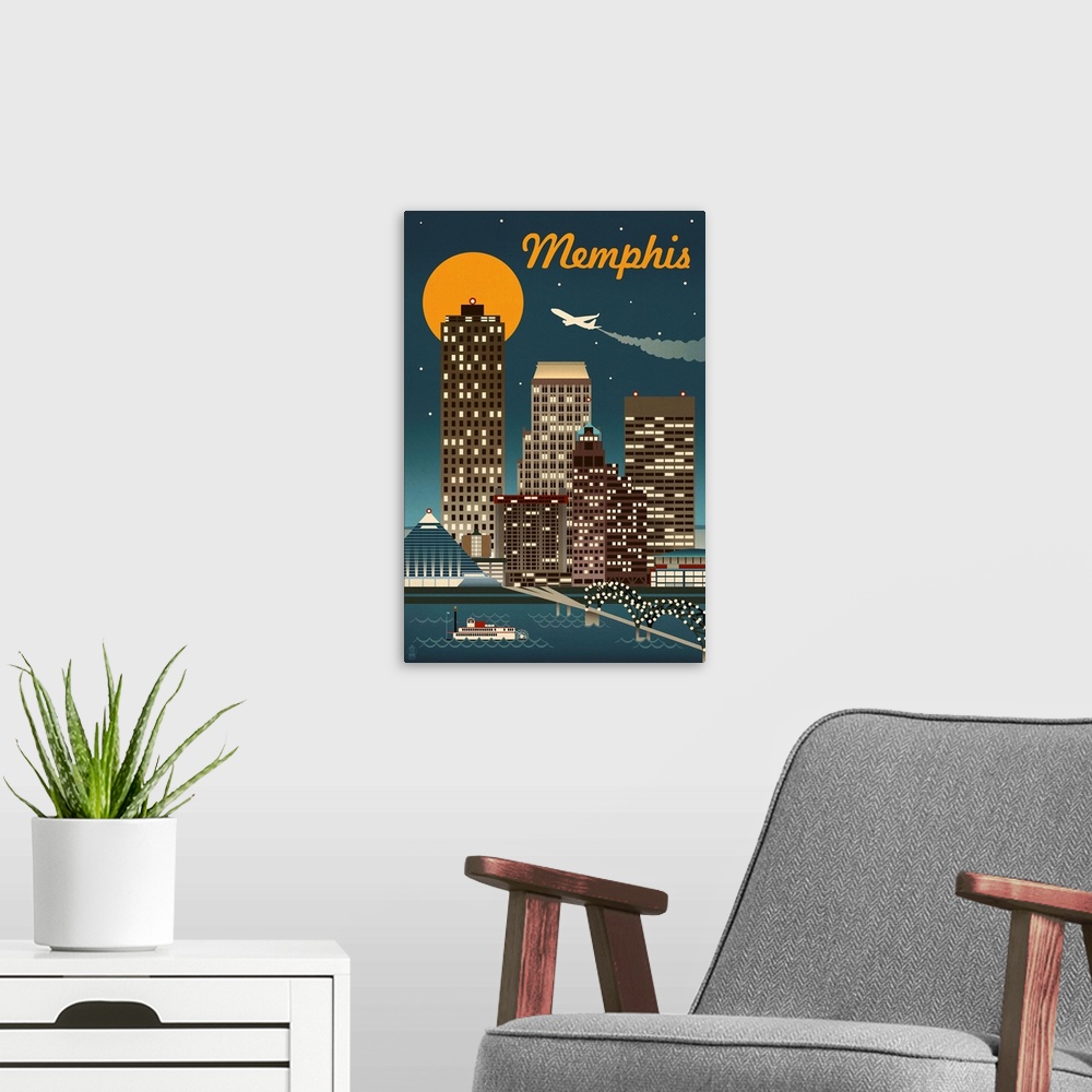 A modern room featuring Memphis, Tennessee - Retro Skyline: Retro Travel Poster