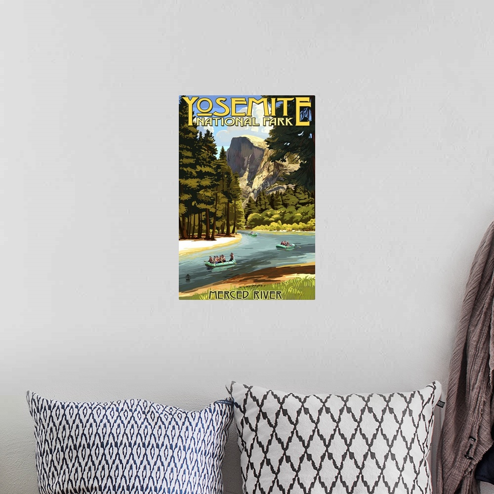A bohemian room featuring Merced River Rafting - Yosemite National Park, California: Retro Travel Poster