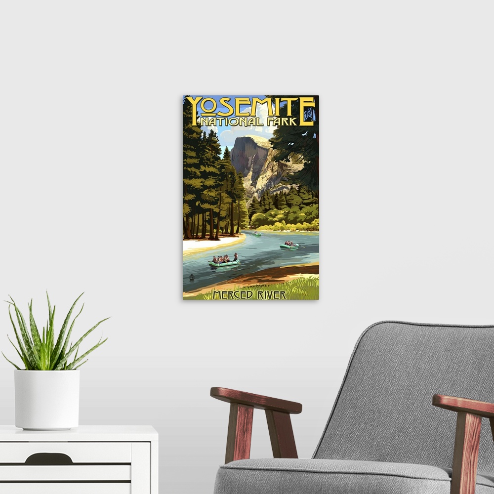 A modern room featuring Merced River Rafting - Yosemite National Park, California: Retro Travel Poster