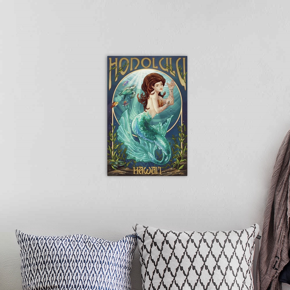 A bohemian room featuring Mermaid - Honolulu, Hawaii: Retro Travel Poster