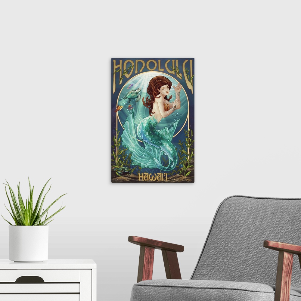 A modern room featuring Mermaid - Honolulu, Hawaii: Retro Travel Poster