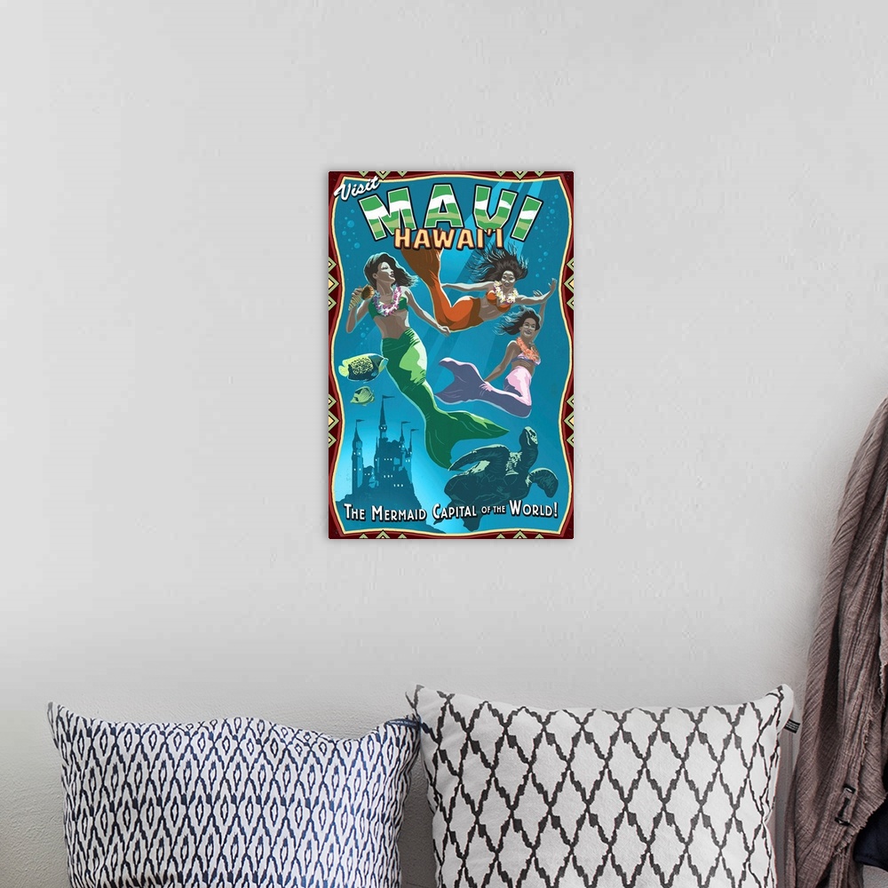 A bohemian room featuring Mermaid Vintage Sign - Maui, Hawaii: Retro Travel Poster