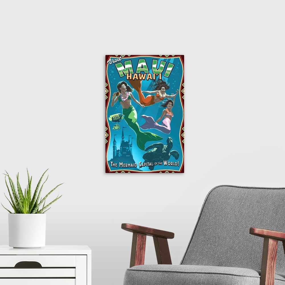 A modern room featuring Mermaid Vintage Sign - Maui, Hawaii: Retro Travel Poster