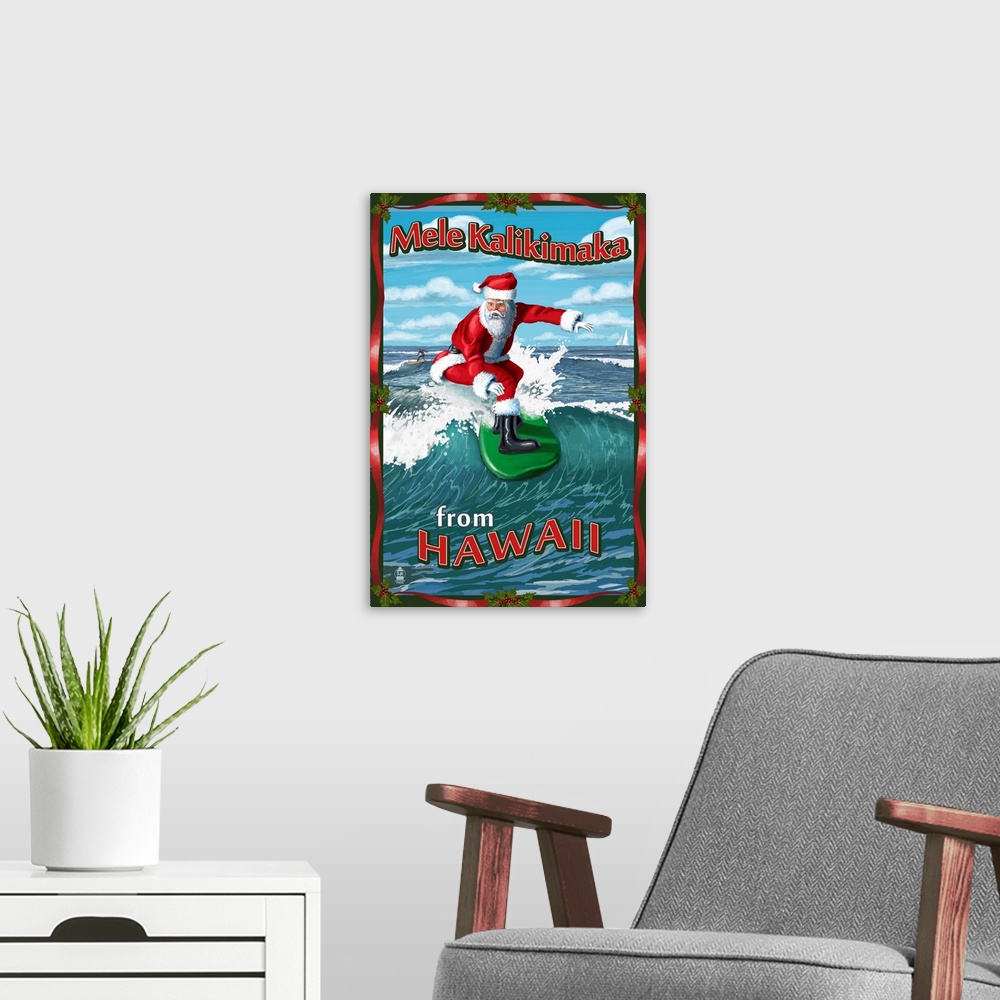 A modern room featuring Merry Christmas From Hawaii - Santa Surfing