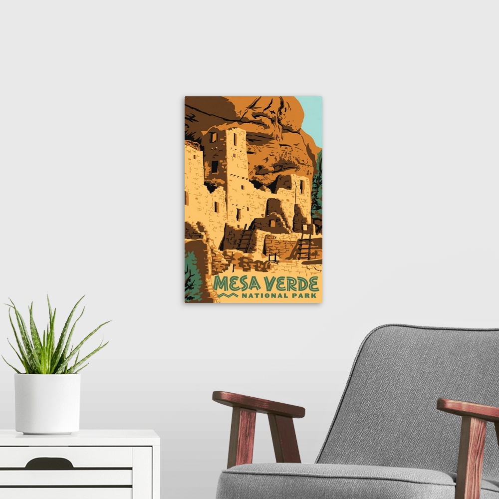 A modern room featuring Mesa Verde National Park, Ancient Cliff Dwellings: Graphic Travel Poster