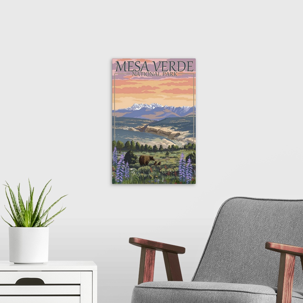 A modern room featuring Mesa Verde National Park, Colorado - Bear Family and Flowers: Retro Travel Poster