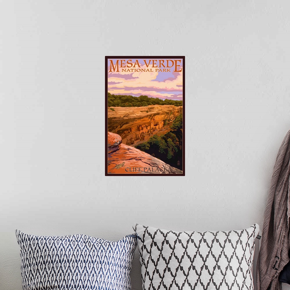 A bohemian room featuring Mesa Verde National Park, Colorado - Cliff Palace at Sunset: Retro Travel Poster