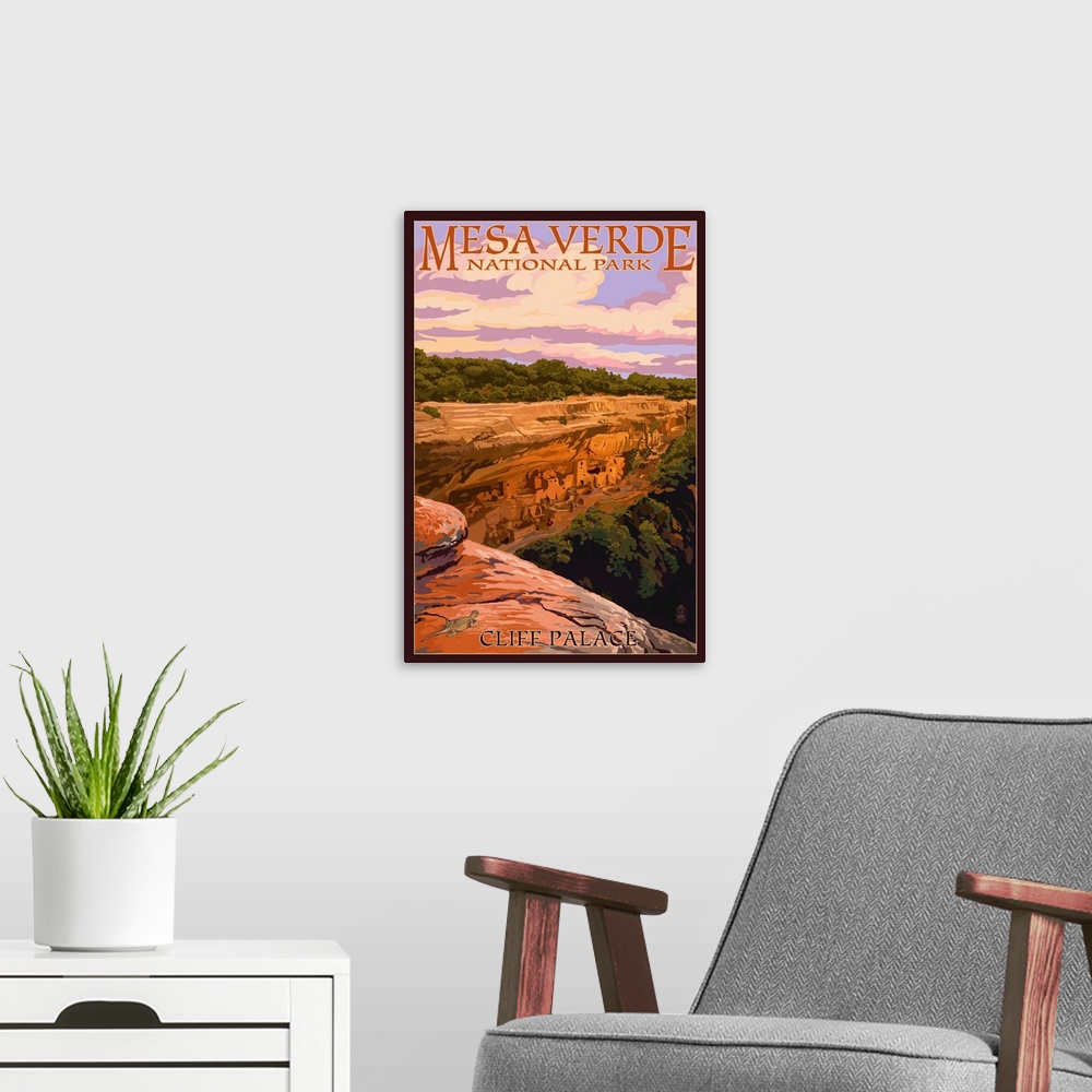 A modern room featuring Mesa Verde National Park, Colorado - Cliff Palace at Sunset: Retro Travel Poster