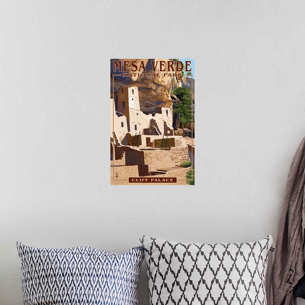 A bohemian room featuring Mesa Verde National Park, Colorado - Cliff Palace: Retro Travel Poster