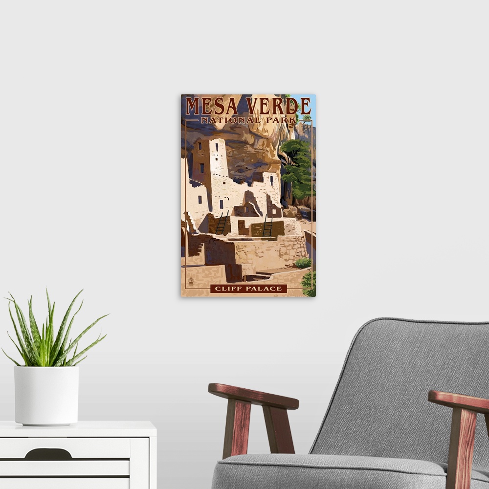 A modern room featuring Mesa Verde National Park, Colorado - Cliff Palace: Retro Travel Poster