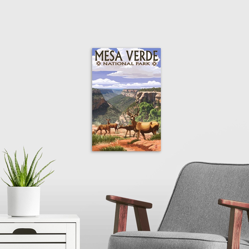 A modern room featuring Mesa Verde National Park, Colorado - Deer Family: Retro Travel Poster